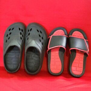 Two Pairs Kids Casual Footwear Black Molded Clogs and Black Red Slide Sandals